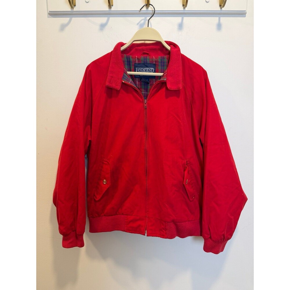 Vintage Lands’ End Red Harrington Jacket Plaid Lined Corduroy Collar Y2K